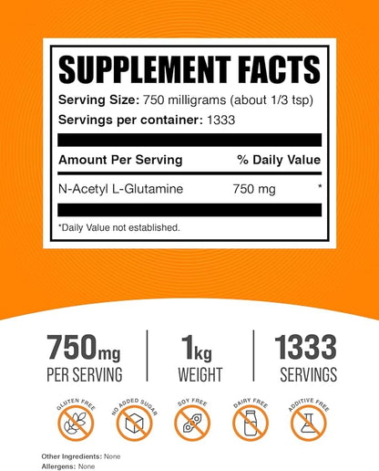 BulkSupplements.com N-Acetyl L-Glutamine Powder 750mg per 1kg (2.2 (2.2 lbs) 1)
