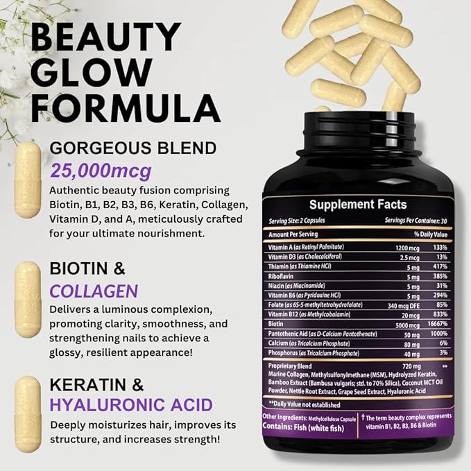 Biotin with Hyaluronic Acid, Collagen and 25000 mcg B1, B2, B2, B3, B3, B6, B6, B7 B7 Complex 60 Capsules