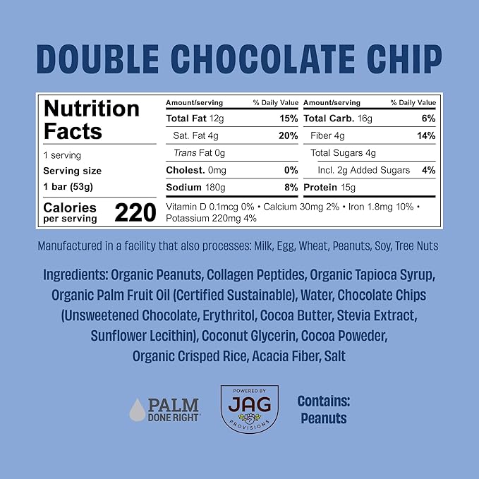 JustNosh Collagen Protein Bars, 10g Collagen, 15g Protein, Gluten Free, Dairy Free, FODMAP Friendly, Seed Oil Free Certified, Clean Ingredients | Double Chocolate Chip (12 Pack)