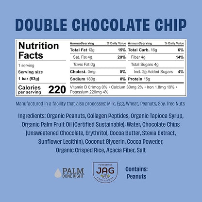 JustNosh Collagen Protein Bars, 10g Collagen, 15g Protein, Gluten Free, Dairy Free, FODMAP Friendly, Seed Oil Free Certified, Clean Ingredients | Double Chocolate Chip (12 Pack)
