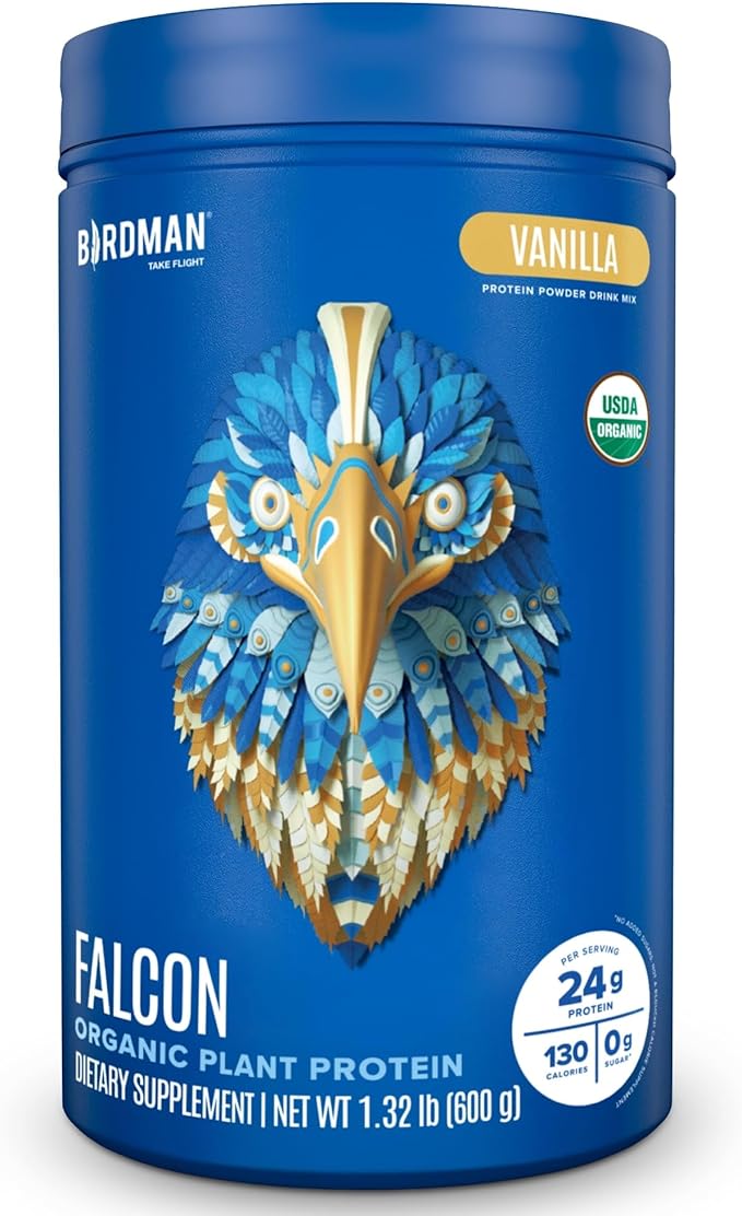 BIRDMAN Falcon Organic Vegan Protein Powder Vanilla, 24g Protein, Sugar Free, Probiotics, Low Carb, Keto Friendly, Dairy Free, Lactose Free, Non Whey, Plant Based Pea Protein Powder - 20 Servings