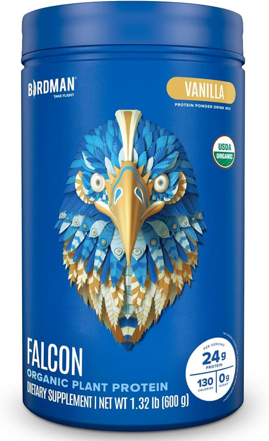 BIRDMAN Falcon Organic Vegan Protein Powder Vanilla, 24g Protein, Sugar Free, Probiotics, Low Carb, Keto Friendly, Dairy Free, Lactose Free, Non Whey, Plant Based Pea Protein Powder - 20 Servings