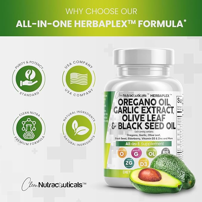 Clean Nutraceuticals Oregano Oil Garlic Extract Olive Leaf Black Seed Oil - Immune Support & Digestive Health Supplement for Women and Men with Vitamin D3 & Zinc - 1Pack