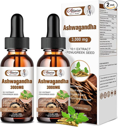 2 Pack Ashwagandha Supplement Liquid Drops 3000mg with VitaminD3,Fenugreek Seeds，Magnesium