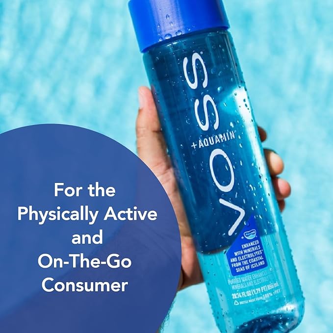 VOSS+ Aquamin Enhanced Water - Pack of 12 Bottles, 850ml Each - Purified Hydrating Water - 74 Trace Minerals & Electrolytes - Perfect for Active Lifestyles, at the Gym & on Hot Days - Recycled PET Bottle