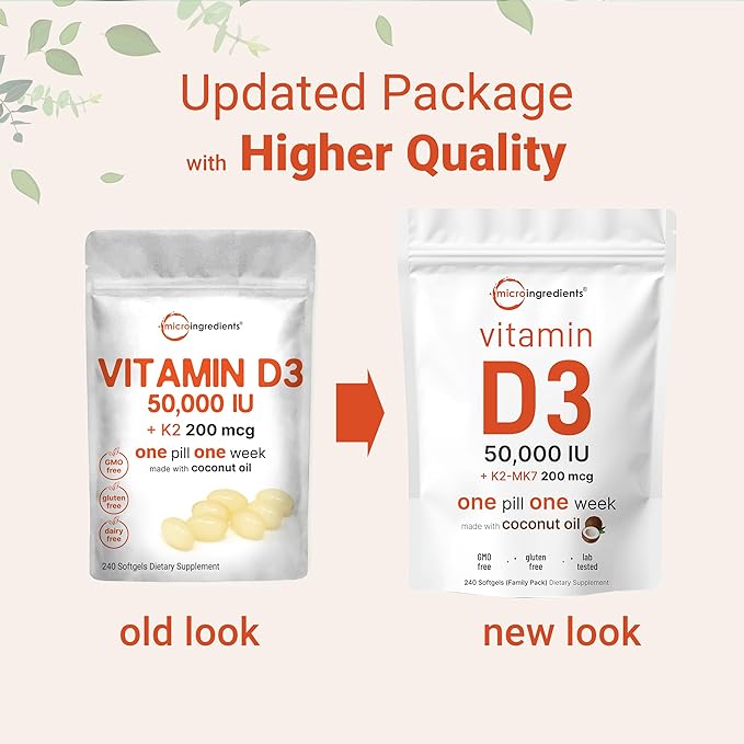 Micro Ingredients Vitamin D3 50,000 IU K2 (MK-7) (MK-7) 200 200 mcg, 240 Virgin 2 in 1 Vitamins