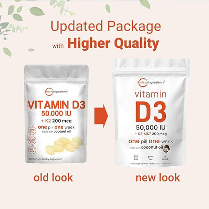 Micro Ingredients Vitamin D3 50,000 IU K2 (MK-7) (MK-7) 200 200 mcg, 240 Virgin 2 in 1 Vitamins