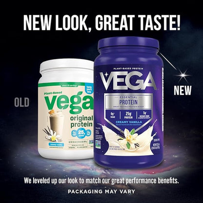 Vega Original Protein Powder, Creamy Vanilla Plant Based Protein Drink Mix for Water, Milk and Smoothies, 32.5 oz (Packaging May Vary)