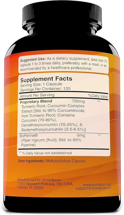Turmeric Curcumin Supplement w/ BioPerine 755mg Per 120 Veggie