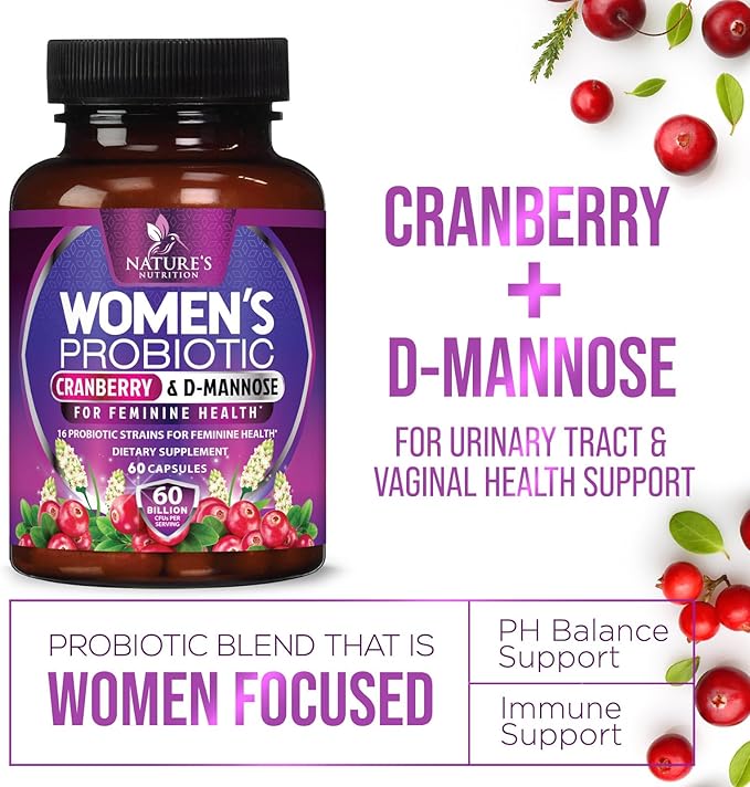 Probiotics for Women 60 Billion CFU & 16 Probiotic Strains with Prebiotics for Digestive Health, Womens Probiotic for Vaginal pH, Urinary & Immune Support with Cranberry, Gluten Free - 60 Capsules