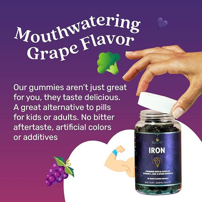 BeLive Iron Gummies - Multivitamin with Iron, Vitamins & Zinc for Blood Oxygen - Grape Flavor, Vegan Supplement for Women, Men & Kids