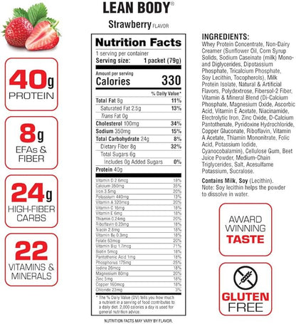Labrada Lean Body MRP All-In-One Strawberry 40g Protein, 8g Healthy 22 Vitamins (20 Packets)