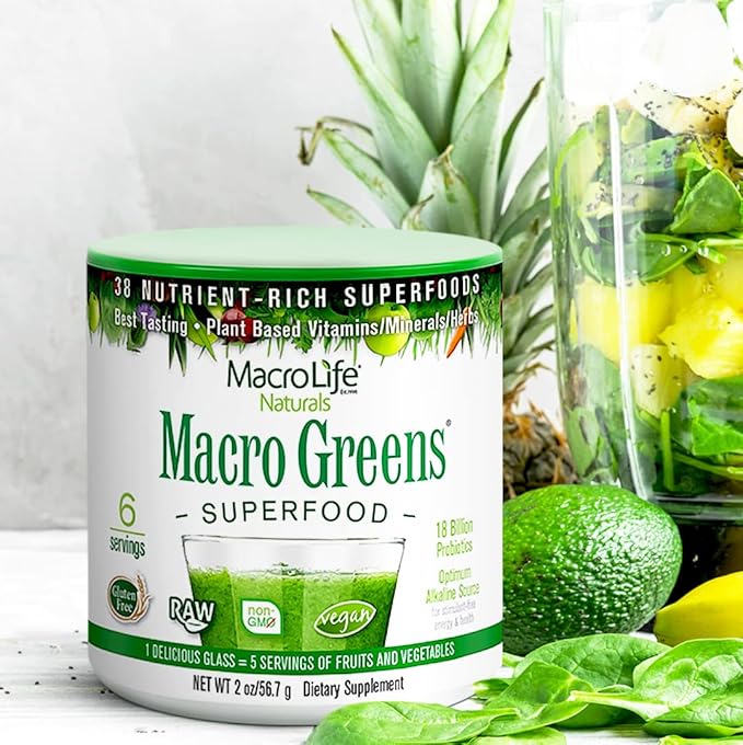 MacroLife Naturals Macro Greens Powder 38 Superfood Probiotic Antioxidant Enzyme & Herbal Supplement Immunity Energy Cleanse - Non-GMO Vegan Gluten-Free Dairy-Free - 2 oz (6 Servings)