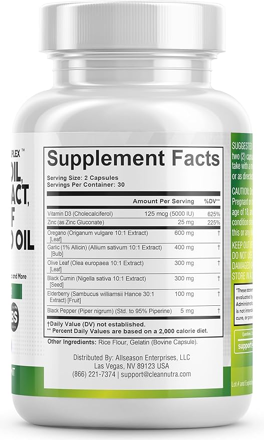 Oregano Oil 6000mg Garlic Extract 4000mg 3000mg Black 3000mg - D3 and 60 Caps