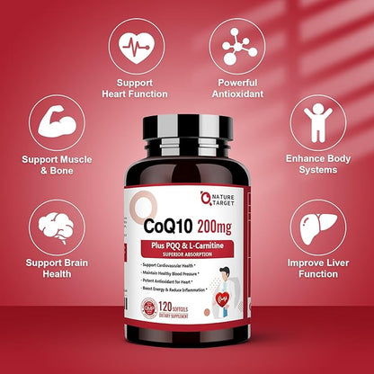 NATURE TARGET CoQ10-200mg with PQQ L-Carnitine Omega-3s, High Coenzyme-Q10 with 120 Servings