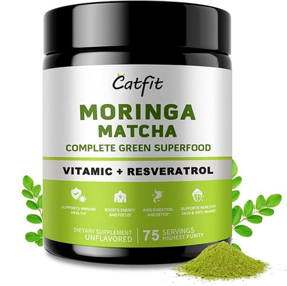 Moringa Powder – Superfood Blend with Matcha, Green Tea & Resveratrol – Moringa Supplement for Energy, Antioxidant & Immune Support – Vegan, Gluten Free, Easy-to-Mix Drink (8oz)