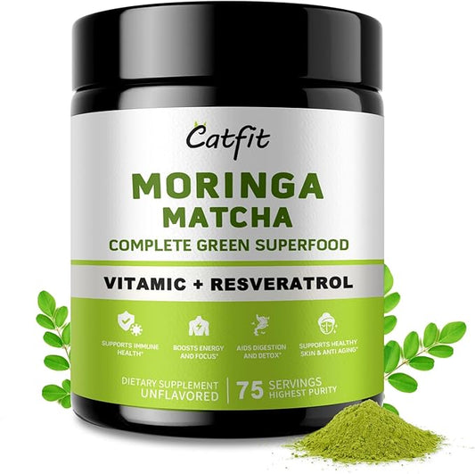 Moringa Powder – Superfood Blend with Matcha, Green Tea & Resveratrol – Moringa Supplement for Energy, Antioxidant & Immune Support – Vegan, Gluten Free, Easy-to-Mix Drink (8oz)