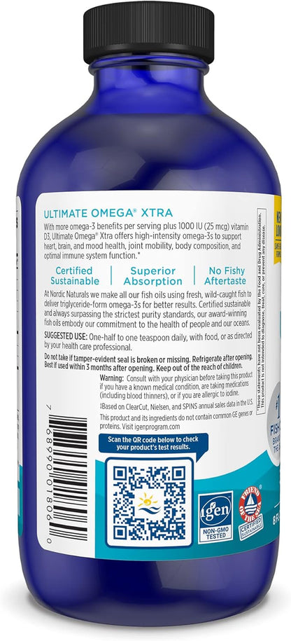 Nordic Naturals Ultimate Omega Xtra Liquid, 8 oz 3400 mg Omega-3 + 1000 IU D3 - Omega-3 Fish 48 Servings