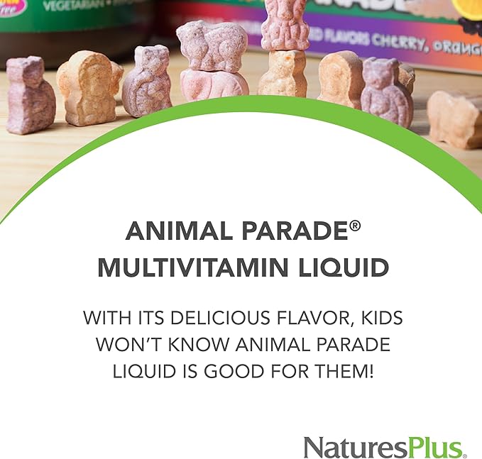 NaturesPlus Animal Parade Children's Liquid Multivitamin - Tropical Berry Flavor - 8 fl oz - Whole Food Supplement - Vegetarian, Gluten Free - 16 Servings