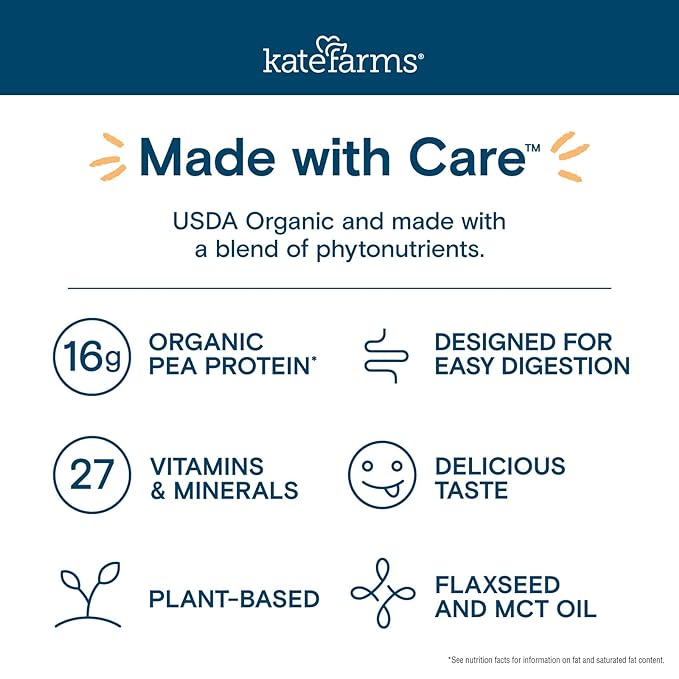 KATE FARMS Organic Plant Based 1.2 Glucose Support Shake, Vanilla, 16g Protein, 27 Vitamins and Minerals, Diabetic Nutrition Meal Replacement, Gluten Free and Non-GMO, 8.45 oz (6 Pack)