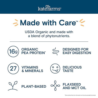 KATE FARMS Organic Plant Based 1.2 Glucose Support Shake, Vanilla, 16g Protein, 27 Vitamins and Minerals, Diabetic Nutrition Meal Replacement, Gluten Free and Non-GMO, 8.45 oz (6 Pack)