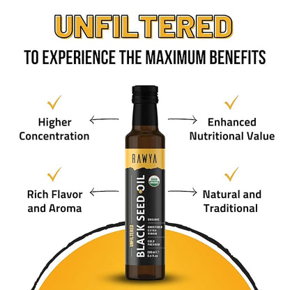 RAWYA Black Seed Oil - Organic Cold Pressed Nigella Sativa - Turkish Origin - USDA Organic - Natural Supplement - Black Cumin Seed Oil - Rich Flavor & High Concentration - 250ml Glass Bottle