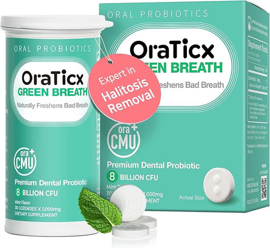 Green Breath Oral Care Probiotics, Naturally Support Freshens Bad Breath & Healthy Mouth, Dental Probiotic Supplement 8 Billion CFU, Mint Flavor 30 Lozenges 1-PK