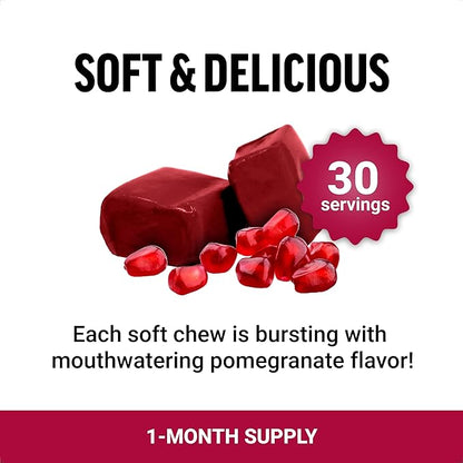 Force Factor Pomegranate Soft Chews for Healthy Aging, Heart Health, Bone Health, & Brain Health, Superfood & Antioxidants Supplement, Non-GMO, Gluten-Free, Vegan, Pomegranate Flavor, 30 Soft Chews