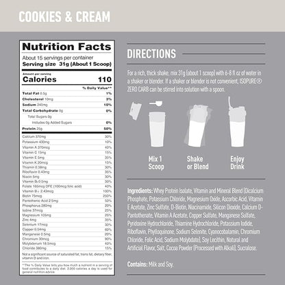 Isopure Zero Carb 100% Pure Whey Isolate Protein Powder, Lactose Free, Gluten Free, With Vitamins, Cookies & Cream, 25g Protein Per Serving, 1 Lb, 15 Servings
