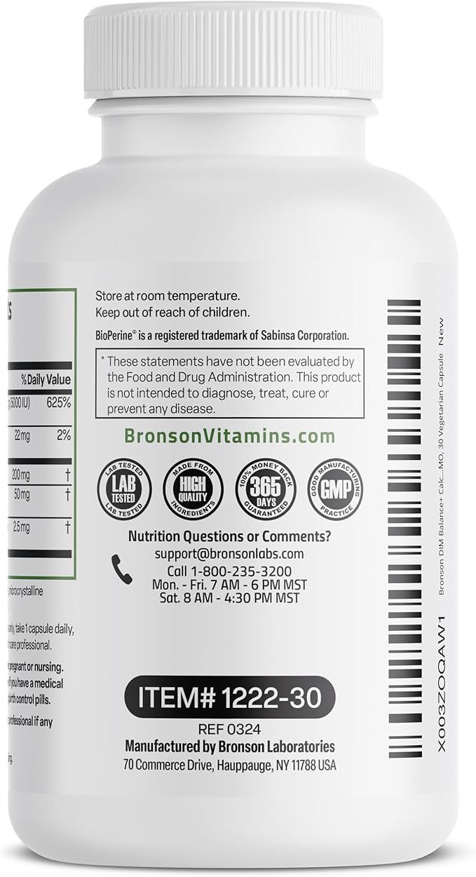 Bronson DIM Balance+ Calcium D-Glucarate, Broccoli Sprouts and Vitamin D3 200 MG of DIM per Capsule Supports Estrogen Metabolism and Balanced Hormone Levels Non-GMO, 30 Vegetarian Capsules