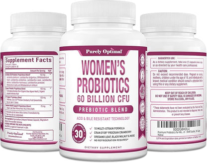 Purely Optimal Women's Probiotic Supplement - 60 Billion CFU with Prebiotics, 10 Strains Including Lactobacillus & Bifidobacterium, Digestive & Vaginal Health Support, UTI Defense - 30 Capsules