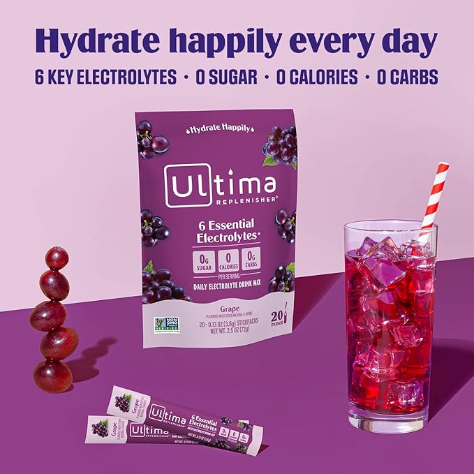 Ultima Replenisher Daily Electrolyte Powder Drink Mix – Grape, 20 Stickpacks – Hydration Packets with 6 Key Electrolytes and Trace Minerals – Keto Friendly, Vegan, Non-GMO and Sugar-Free