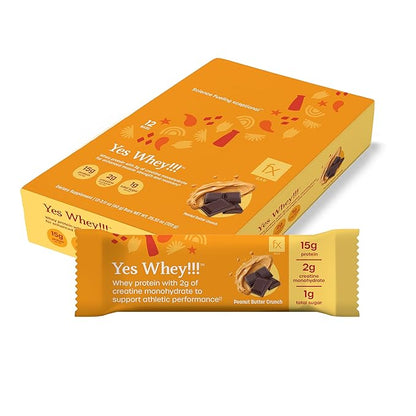 Fx Yes Whey Bar, Peanut Butter Crunch - 15g Whey Protein Bar with Creatine to Support Muscles, Energy & Peak Performance - 1g Sugar (12 Bars)