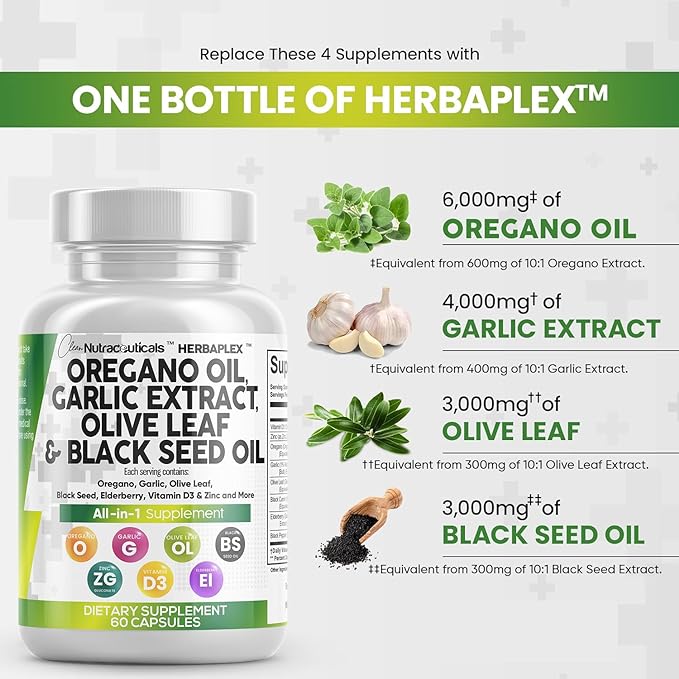 Oregano Oil 6000mg Garlic Extract 4000mg 3000mg Black 3000mg - D3 and 60 Caps