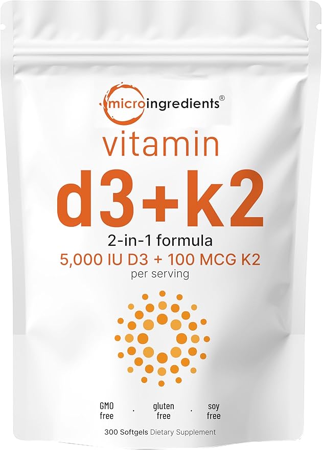 Micro Ingredients Vitamin D3 5000 IU K2 100 100 mcg, 300 Soft-Gels K2 MK-7 MK-7 with D3 Vitamin 2 in 1 Support