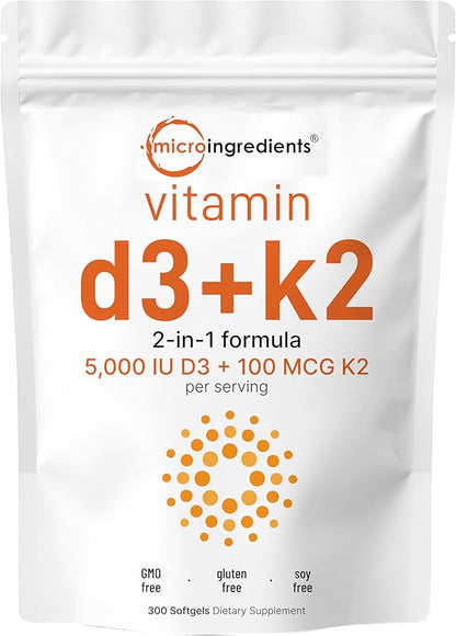 Micro Ingredients Vitamin D3 5000 IU K2 100 100 mcg, 300 Soft-Gels K2 MK-7 MK-7 with D3 Vitamin 2 in 1 Support