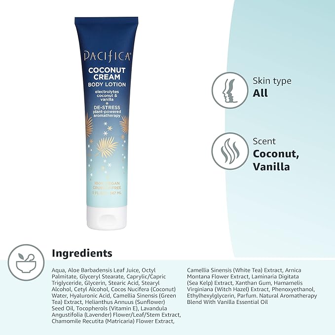 Pacifica Body Lotion – Coconut Cream Moisturizing Body Cream with Aloe, Vitamin E & Chamomile Coconut & Vanilla Scent - Skin Care Clean Vegan & Cruelty-Free Dermatologist Tested 5 fl oz