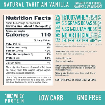Isopure Low Carb 100% Pure Whey Isolate Protein Powder, Lactose Free, Gluten Free, With Vitamins, Tahitian Vanilla, 25g Protein Per Serving, 1 Lb, 14 Servings