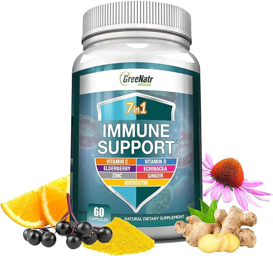 7 in 1 Immune Support Supplement D3, Zinc 50mg, Quercetin, 60 Capsules (1 Bottle)