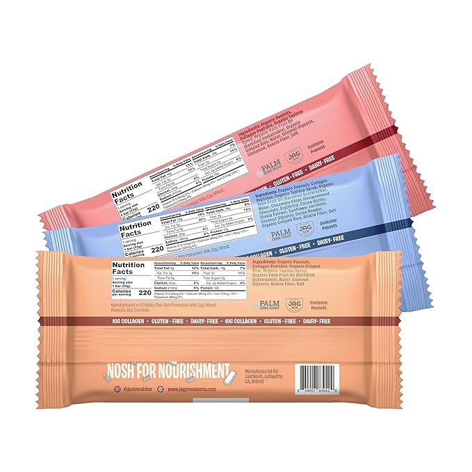 JustNosh Collagen Protein Bars, 10g Collagen, 15g Protein, Gluten Free, Dairy Free, FODMAP Friendly, Seed Oil Free Certified, Clean Ingredients | Variety Pack (12 Pack)