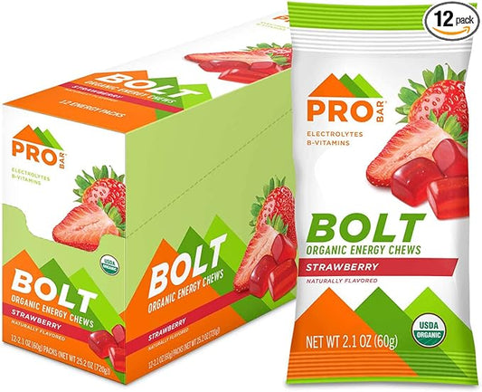 PROBAR - Bolt Organic Energy Chews, Strawberry, Non-GMO, Gluten-Free, USDA Certified Organic, Healthy, Natural Energy, Fast Fuel Gummies with Vitamins B & C (12 Count)