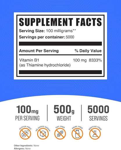 BulkSupplements.com Thiamine HCl Powder - Thiamine Hydrochloride, B1 Vitamins, Thiamine B1 Supplement, Thiamine 100mg - Gluten Free, 100mg per Serving, 500g (1.1 lbs) (Pack of 1)