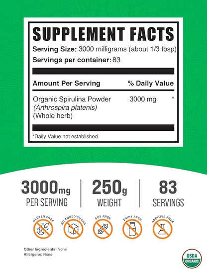 BulkSupplements.com Organic Spirulina Powder 3g of (250 Grams 8.8 oz)