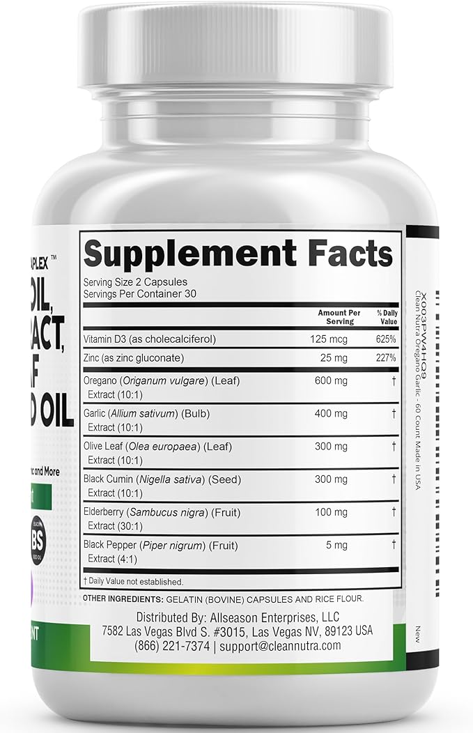 Clean Nutraceuticals Oregano Oil Garlic Extract Olive Leaf Black Seed Oil - Immune Support & Digestive Health Supplement for Women and Men with Vitamin D3 & Zinc - 1Pack