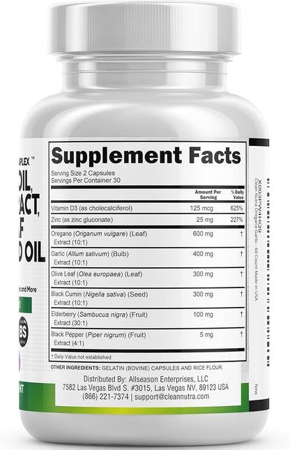 Clean Nutraceuticals Oregano Oil Garlic Extract Olive Leaf Black Seed Oil - Immune Support & Digestive Health Supplement for Women and Men with Vitamin D3 & Zinc - 1Pack