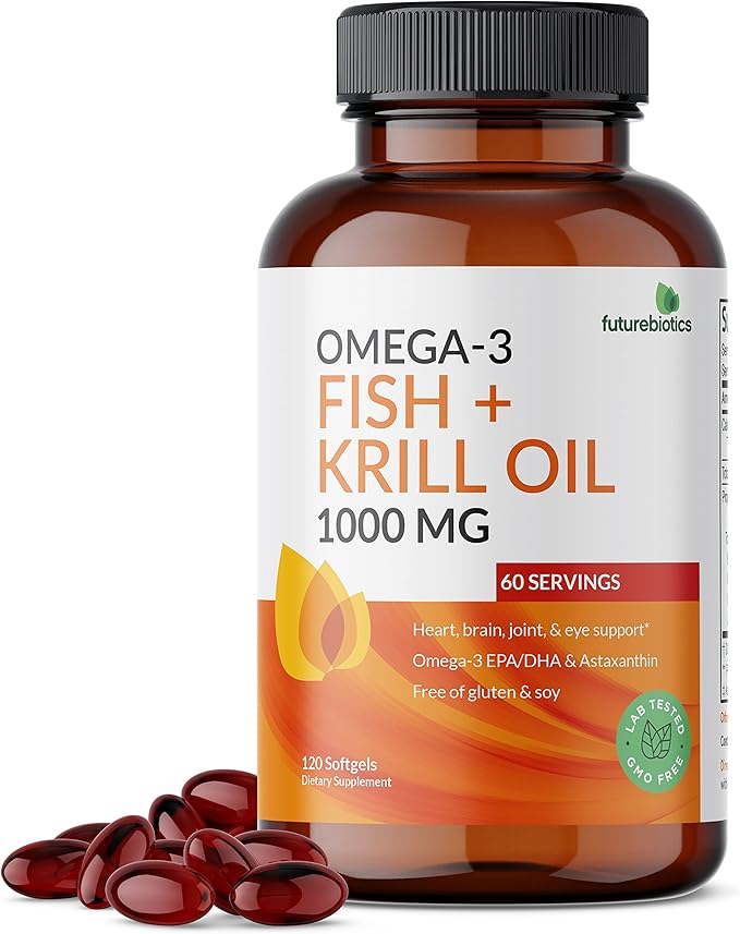Futurebiotics Omega-3 Fish + Krill Oil 1000 MG Omega-3 EPA/DHA 120 Softgels (60 Servings)