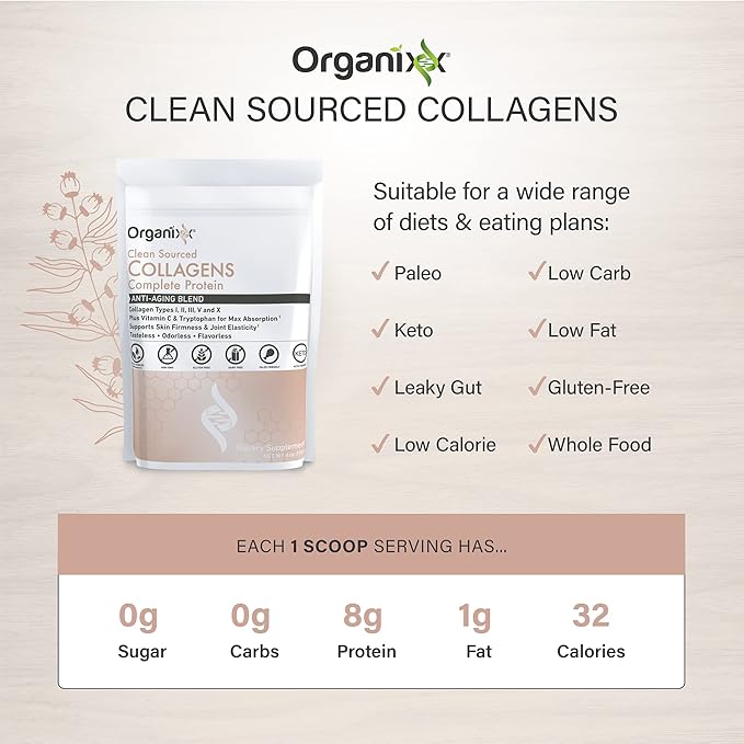 Organixx Clean Sourced Collagen Powder, Hydrolyzed 20 Servings
