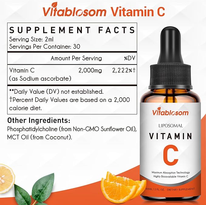 Liposomal Vitamin C 2000mg Liquid for Adults, High Absorption VIT C, Maximize Vitamin C, Good for Immune System & Antioxidant, 60ML (10 Bottle)