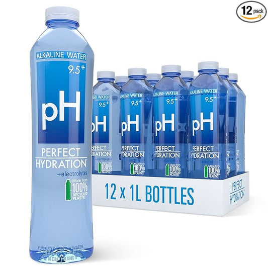 Perfect Hydration 9.5+ pH Alkaline Drinking Water | 100% Recycled Bottles | Electrolyte Minerals for Taste | 12 pack - 1 Liter (33.8 oz)