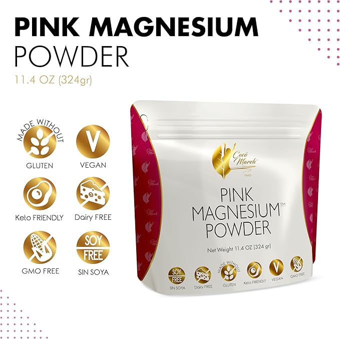 Coco March Pink Magnesium Powder - Promotes Sleep, Relaxation and Healthy Brain Function, Strawberry Flavor - Free from: Gluten, Dairy, GMOs, Soy, Vegan, Keto Friendly - 45 Day Supply